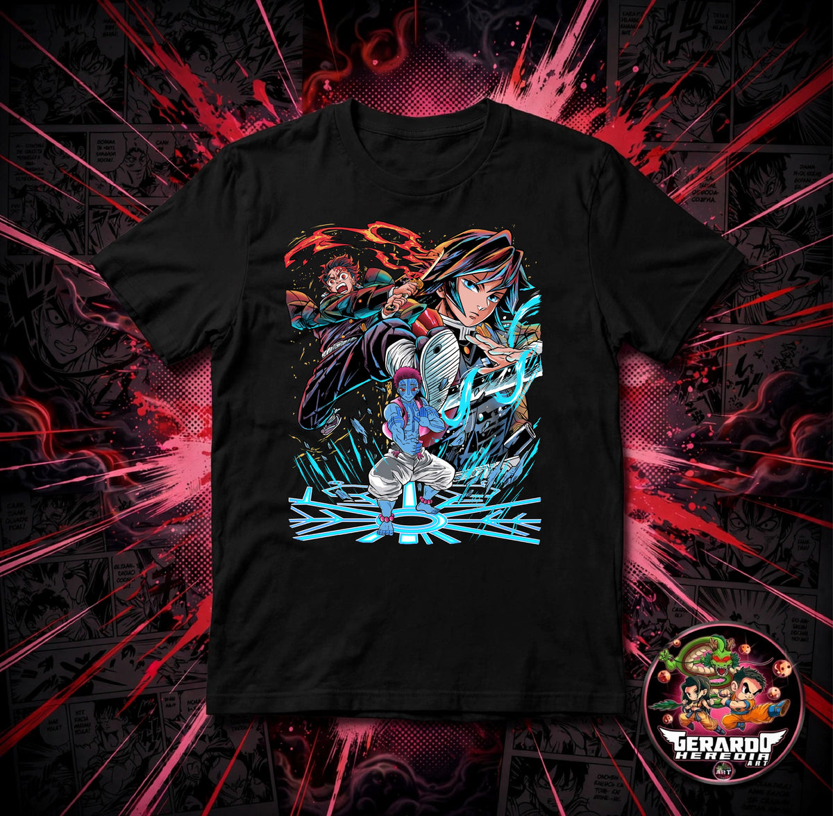 Demon Slayer Tanjiro Giyu Akaza Battle Anime T-Shirt - H-Art Edition