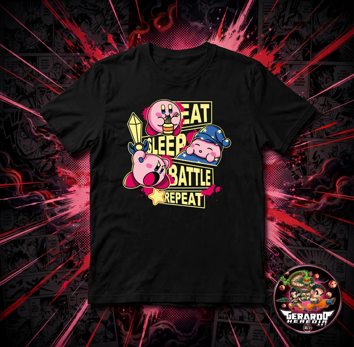 Kirby Eat Sleep Battle Repeat Gaming T-Shirt - H-Art Edition