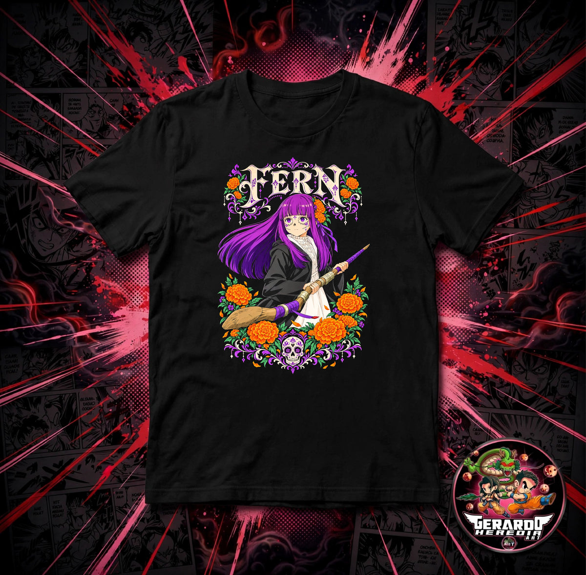 Frieren Fern Day of the Dead Anime T-Shirt - H-Art Edition